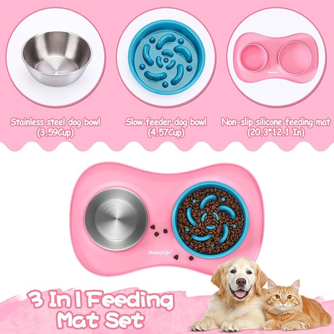 MateeyLife Dog Food Bowl Set 3 in 1, Dog Bowls & Water Stainless Steel Bowl with Non-Spill Silicone Mat, Slow Feeder Bowls for Small, Medium, Large Breeds, Cat Feeding Dish to Anti-Choking