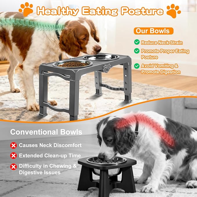 Foldable Elevated Dog Bowl Stand with Dual 7.8" Stainless Steel Bowls, 5 Adjustable Heights (3.9"-13.4"), Anti-Slip Portable Travel Pet Feeder, Fits 5.5"-27" Shoulder Height Dogs, Grey