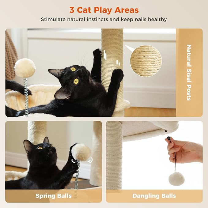 Modern Cat Tree for Indoor Cats, Small Cat Tower with Cat Condo, Scratching Posts, Top Perch and Metal Frame Hammock, Wooden Play House with Anti-Slip Mat, Brown