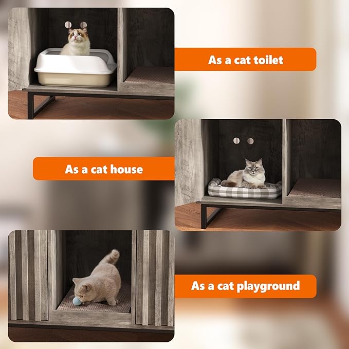 Double Litter Box Enclosure,Modern Cat Litter Box Enclosure for 2 Cats, Hidden Litter Box with Scratch Pad, Cat Washroom Pet House End Table, Entryway Bench for Livingroom (Gray)
