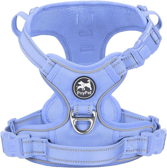 PoyPet No Pull Dog Harness, No Choke Reflective Dog Vest, Adjustable Pet Harnesses with Easy Control Padded Handle for Small Medium Large Dogs(Light Blue Matching Trim,M)