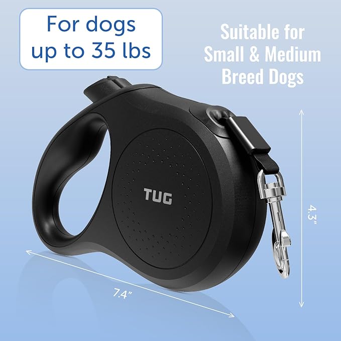 TUG Quest Retractable Dog Leash | 360° Tangle-Free Retraction | 16 ft Strong Nylon Tape (Small, Black)