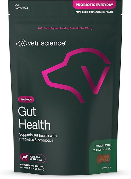 VetriScience Gut Health Chews, Probiotic Everyday Digestive Supplement for Dogs, Pet Probiotics for Digestion Support, Gas and Diarrhea, Immune Support, 1 Billion CFU Per Chew, Duck, 120 Count