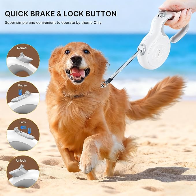AutoBrake Retractable Dog Leash for Medium and Large Dogs, 360° Tangle-Free Dog Leash and 16Ft Strong Nylon Tape, Ergonomically Comfortable and Lightweight Grip Handle (White)