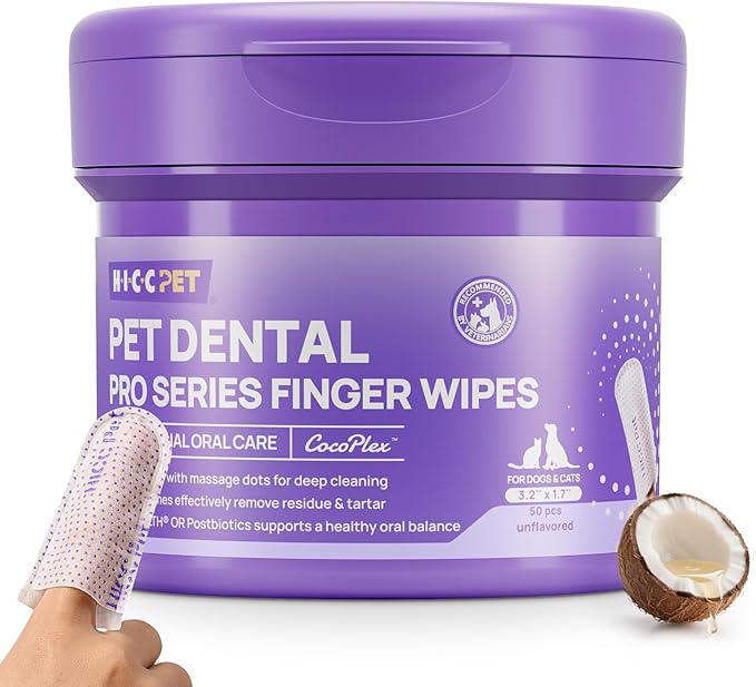 HICC PET Pro Teeth Cleaning Wipes, Vet-Recommended Dog Finger Toothbrush Wipes for Plaque & Fresh Breath, No-Rinse Dog Tooth Brushing Kit, Fresh Breath Oral Care, 50 Count, Unscented