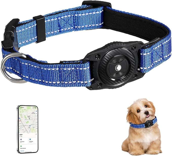 Tracking Collar for Dogs Waterproof Adjustable Air Tag Dog Collar Holder, Comfortable Dog Collars for Small Medium Large Dogs (Blue, S)