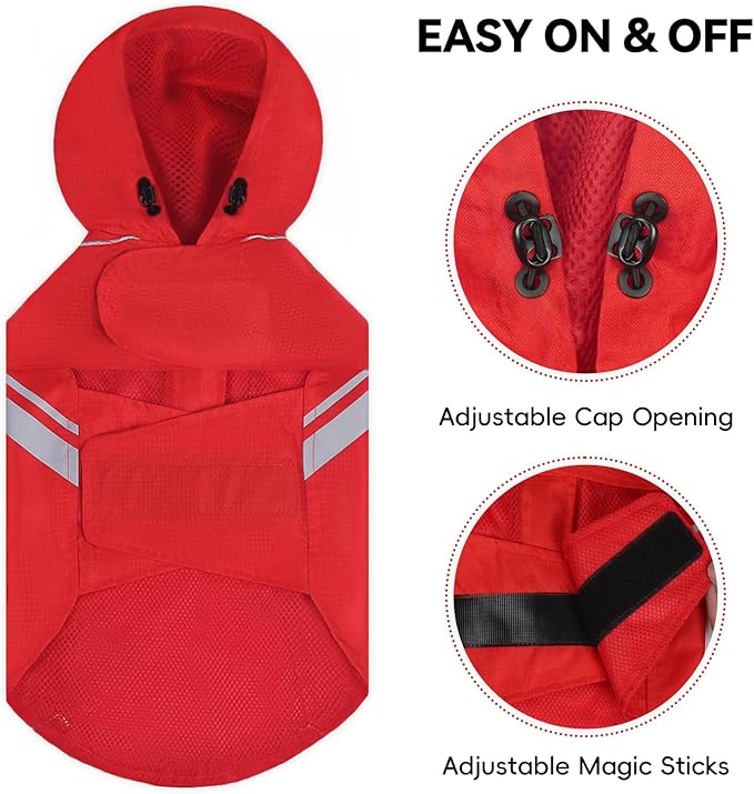 VIVAGLORY Wetoff Dog Raincoat, Rain Coat for Dog All Seasons Adventure, Rain Jacket with Harness Hole & Hood, Reflective Lightweight Waterproof for Doggy & Puppy, XL, Red