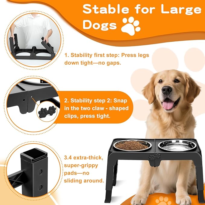 Elevated Dog Bowl Stand for Large Dogs - 2 Extra Large 10” Stainless Steel Bowls, 5 Adjustable Heights(7.5"-15.4"), Foldable Non-Slip & Durable, Portable Heavy Duty Travel Dog Feeder, Black