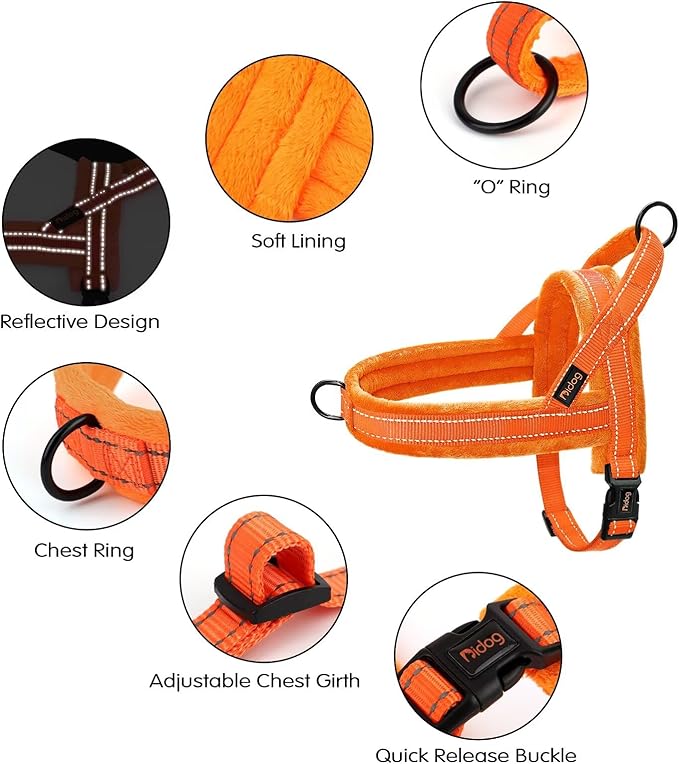 Didog Soft Flannel Padded Dog Vest Harness, No Pull/Quick Fit Reflective Dog Strap Harness, Easy for Training Walking (M:Chest 21-26", Orange)