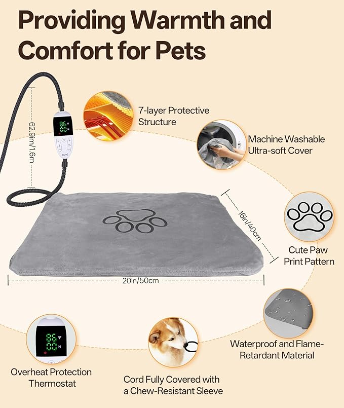 Ringco Pet Heating Pad for Cats & Small Dogs with 12 Adjustable Temperature, Waterproof & Chew Resistant Cat Dog Heating Pad with Timer, Heated Cat Bed with Fleecy Cover (S: 20” x 16”)