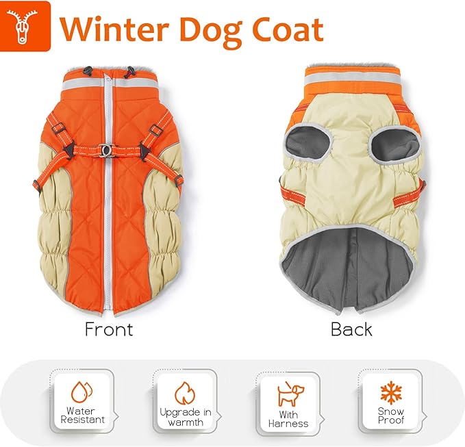 Dog Winter Coat with Harness, Dog Jacket, Pet Clothes with Zipper on Back, Waterproof Windproof Warm Vest, Reflective Cold Weather Coats, for Small Medium Large Dogs, Thick, Orange, S