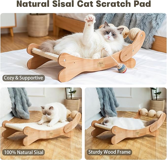 Sisal Cat Scratcher Bed with 3 Toy Balls for Indoor Cats, Durable Wooden 3-in-1 Hammock Lounge & Scratch Pad - Modern Furniture for Large Cats, Scratching Post Lounger