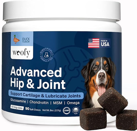 Woofy Advanced Strength Hip & Joint Health Supplement for Dogs - with Glucosamine, Chondroitin, MSM and Omega 3, 90 Flavored Chews for Small and Medium Dog Breeds