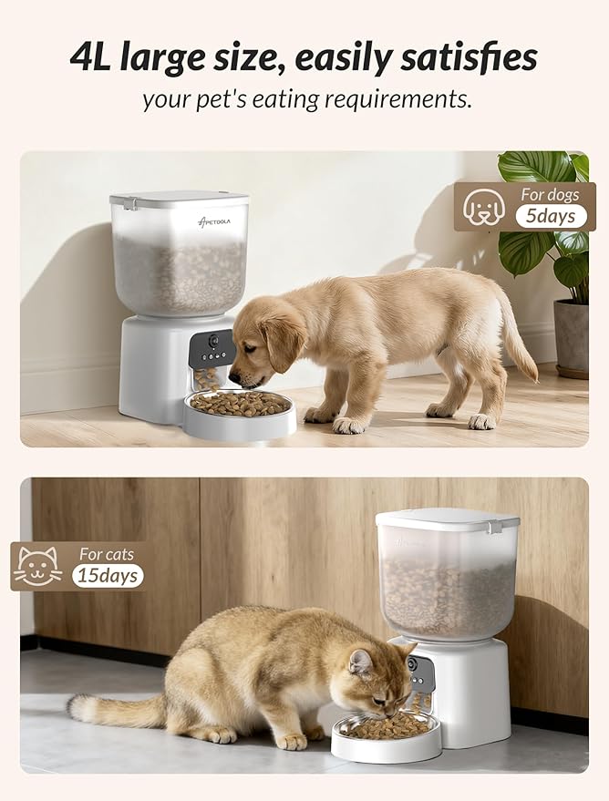 Automatic Cat Feeder with Camera, 4L Timed Cat Food Feeder,2-Way Audio & App Remote Control,Desiccant Bag,Auto Pet Dispenser for Cats and Dogs