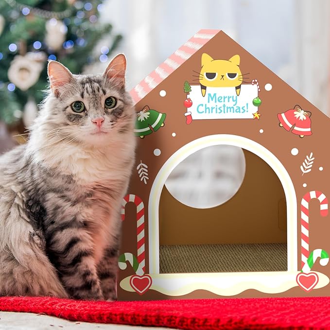 WESTERN HOME Christmas Cardboard Cat House W/Scratcher, Gingerbread Man Indoor Cat House for Christmas Decorations, Hideway Playhouse for Kitten&Small Animal (Brown, 16.5" x 12.5" x 15.5")