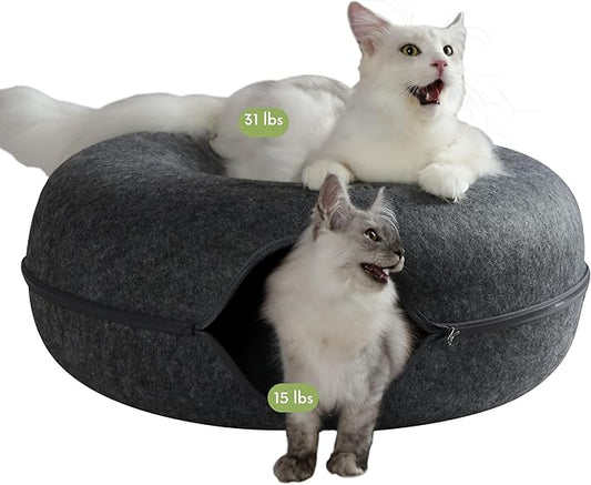 Cattasaurus Peekaboo Cat Cave Donut for Multiple & Large Cats up to 30-45 lbs, 3-in-1 Self Warming Cat Bed, Tunnel & Scratcher for Indoor Cats, Washable & Detachable Small Dog Bed (Dark Gray, Jumbo)
