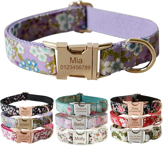 Custom Dog Collar with Metal Buckle - Pet Collars Personalized with Name and Phone Number (Floral)