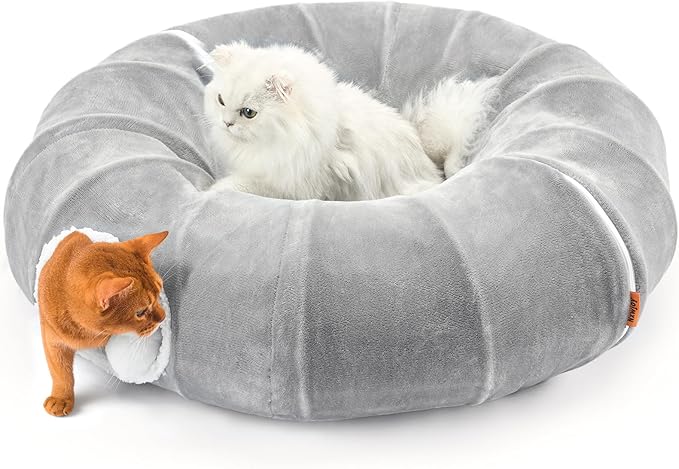 Cat Tunnel Bed for Indoor Cats 35.5 Inch XL Cat Donut Tunnels Cute Tubes Round Pet Play Tunnel Toy for Kitten Puppy Rabbit with Washable Circle Cushion Grey