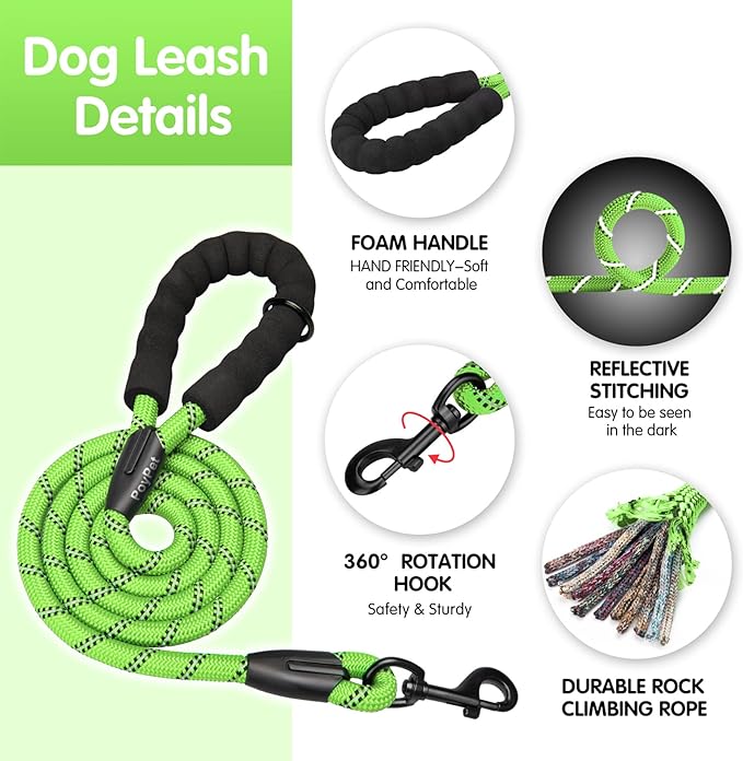 PoyPet No Pull Dog Harness and 5 Feet Leash Set, Release on Neck Reflective Adjustable Pet Vest, Front & Back 2 D-Ring and Soft Padded Pet Harness with Handle for Small to Large Dogs(Green,L)
