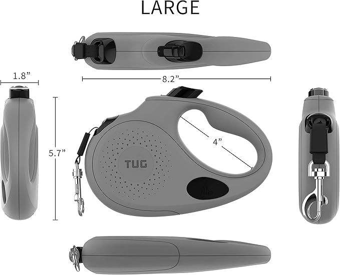 TUG Oval 360° Tangle-Free Retractable Dog Leash with Integrated Waste Bag Dispenser (Large, Grey)