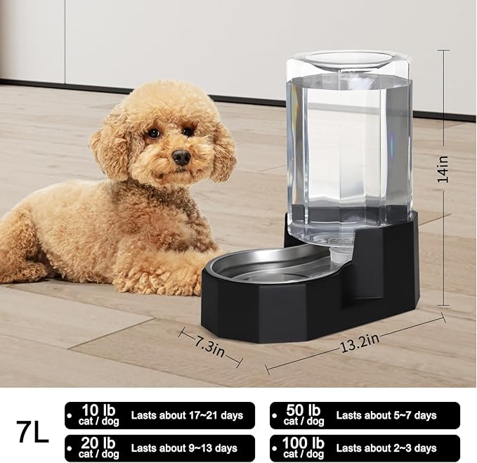 Sfozstra Dog Water Bowl Dispenser: 7L Large Black Gravity Stainless Steel Bowl - with Specialized Brush - Pet Feeder for Pets with Spinal Problems - Use in Garage Garden