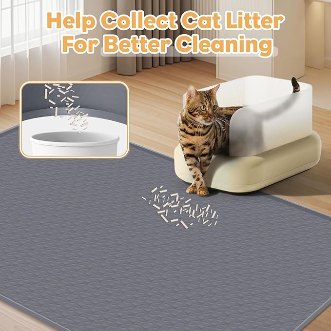 51" x26" Cat Litter Mat Lanstics Cat Mat for Litter Box Large Silicone Litter Box Mat for Kitty Scatter Control Floor Protect (Grey)