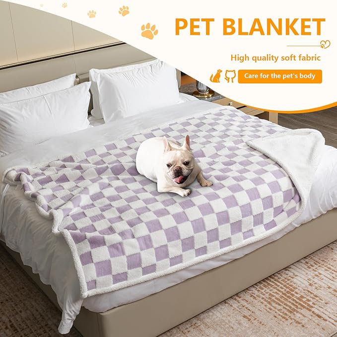 Waterproof Pet Blanket,Purple Checked Dog Blankets for Bed Covers Couch Sofa Stylish Jacquard Pets Throw Blankets for Puppy Cats Washable Reversible Furniture Protection Covers (Purple Check,M)