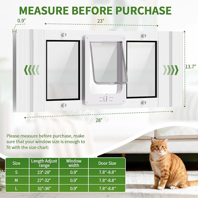 Aluminum Frame Cat Door for Window with Magnetic Auto Closure, Adjustable Width Quick-Fit Pet Door for Window Insert, Suitable for Most Medium Cats & Small Dogs (23''-28'')