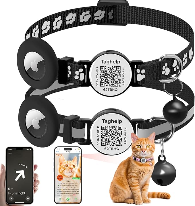 Smart QR Code Cat Collar - 2 Pack Breakaway Safety Collar with Online ID Profile, Reflective, Glow in The Dark & AirTag Holder for Kitten, Cats - Adjustable, Bell Included (Black)