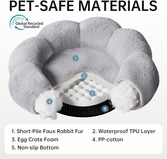 OhGeni 31 inches Calming Donut Orthopedic Dog & Cat Bed for Medium Pets, Warming Comfort Fluffy Short Pile Fur, Durable Waterproof Machine Washable Removable Cover, Round Bed for Puppy, Light Gray