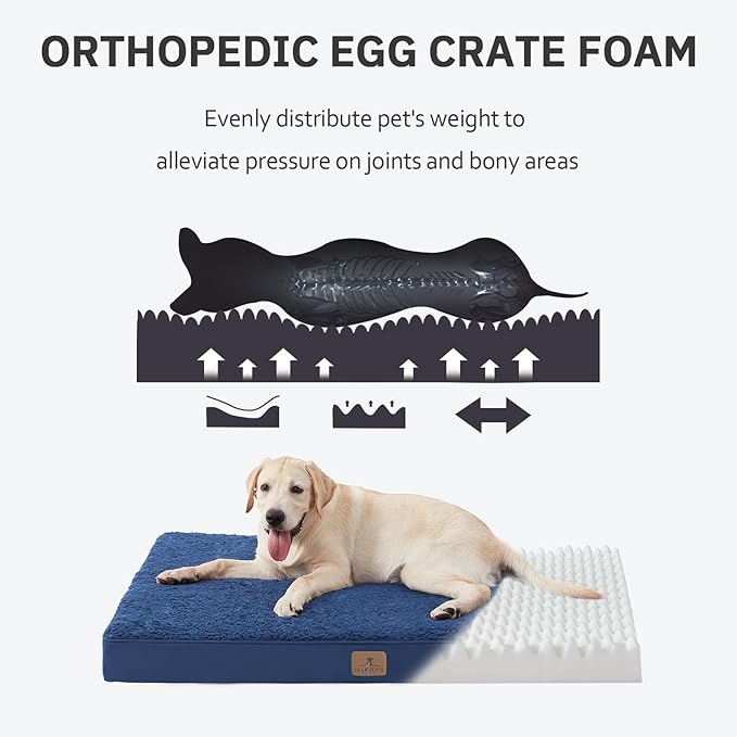 Bedfolks Orthopedic Dog Bed for Extra Large Dogs - Egg Foam Dog Crate Bed with Removable Waterproof Cover, Pet Bed Mat Suitable for Dogs and Pets Up to 90 lbs (41 x 29 x 3.5 inches, Navy)