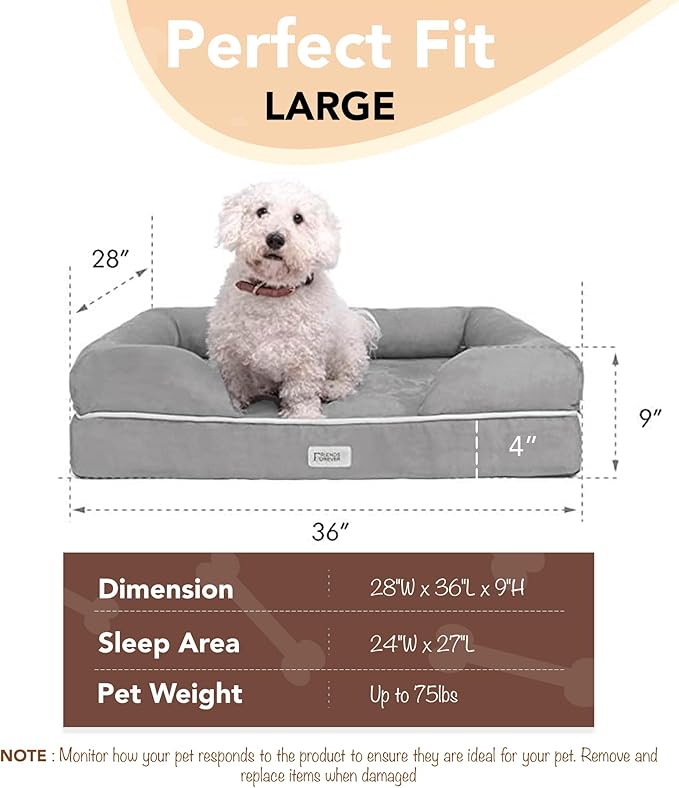 Chester Large Dog Bed - Orthopedic Memory Foam Mattress, Calming Couch, Wall Rim Pillow, Water Resistant, Washable Cover, Non-Slip, Khaki Beige