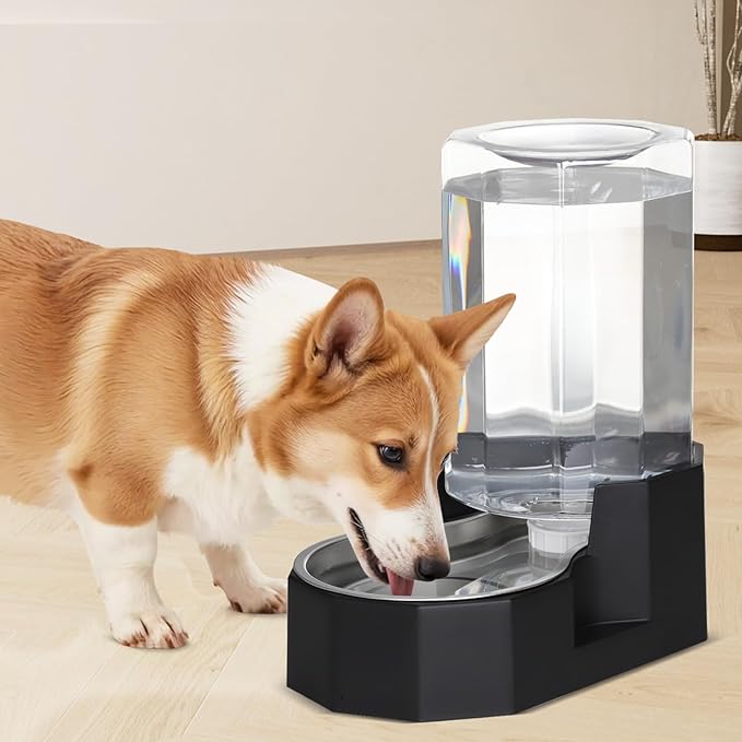 Sfozstra Dog Water Bowl Dispenser: 7L Large Black Gravity Stainless Steel Bowl - with Specialized Brush - Pet Feeder for Pets with Spinal Problems - Use in Garage Garden