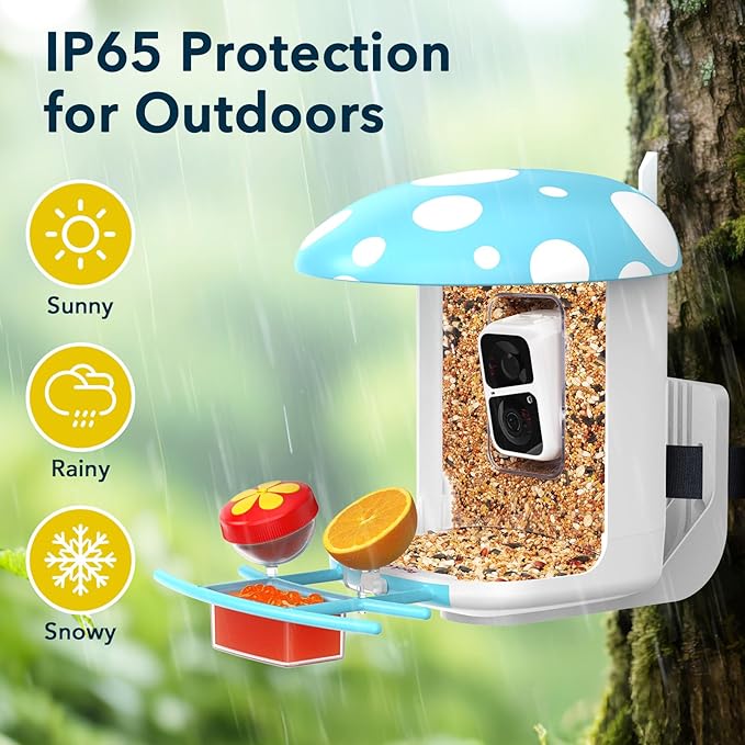 Smart Bird Feeder with Camera 2K Live Real-Time Alert AI Identify with 32G Card DIY Attachments Camera Bird Feeder Solar Powered Wireless Outdoor Birdwatching Gift for Birds Lover, Blue