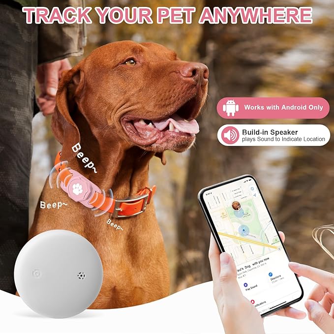 Smart Pet Tracker for Collar - Dog Trackers Pet Location Tracker with Holder, No Monthly Fee, Anti-Lost Tracking Device for Pets,Bag Straps, Compatible with Google Android Only(Not for iOS),Pink