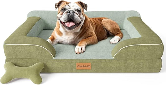 Dog Beds for Large Dogs, Orthopedic Dog Bed with Cooling Gel Memory Foam, Waterproof Large Pet Bed with Removable Washable Cover, 36" Pet Sofa Couch Dutch Velvet with Bone Toy, Dark Green