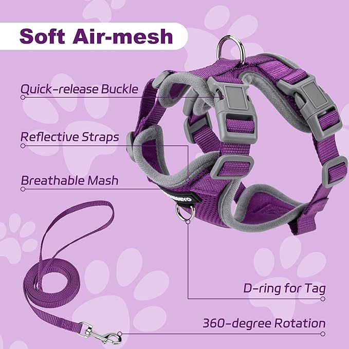 Small Dog Harness and Leash Set, No Pull Adjustable Pet Harness for Small Dogs, Breathable Mesh Rflective Dog Vest Harness (Purple, M)