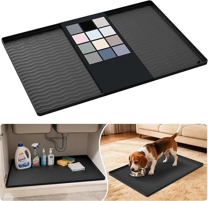 URMONA Waterproof Silicone Under Sink Mat 28'' x 19'' Shelf Liner for Kitchen and Bathroom, Cabinet and Counter Protector, Storage and Organizers, Litter Mat, Pet Cat Puppy Essentials(Black)
