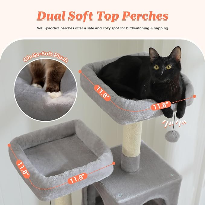 64-Inch Large Cat Tree for Indoor Cats, Multi-Level Tall Cat Tower with 2 Soft Top Perches, 2 Caves, 5 Sisal Scratching Posts, 2-in-1 Scratching Ramp, 1 Hammock & 3 Pompoms, Grey