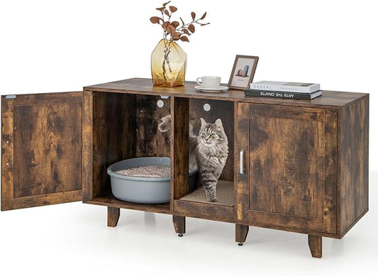 Tangkula Double Cat Litter Box Enclosure for 2 Cats, Large Stackable Hidden Privacy Washroom Cabinet, Indoor House TV Stand With Scratching Board, Litter Box Furniture (Rustic Brown)