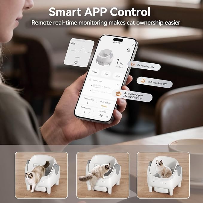 Automatic Litter Box with APP Control, Self Cleaning Cat Litter Box with Dual Safety Sensors, 11L Extra Large Waste Bin, Deodorization, Smart Kitty Litter Boxes with Mat for Multiple Cats