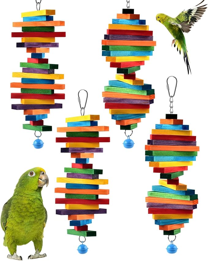 Bissap 4 PCS Bird Chew Toys, Multicolored Bagel Cascade Bird Parrot Chewing Sticks Biting Wooden Blocks Toy for Small Medium Conure Parakeet Cockatiels Lovebird Similar Sized Pet Birds