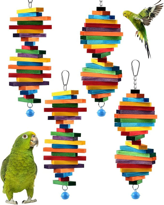 Bissap 4 PCS Bird Chew Toys, Multicolored Bagel Cascade Bird Parrot Chewing Sticks Biting Wooden Blocks Toy for Small Medium Conure Parakeet Cockatiels Lovebird Similar Sized Pet Birds