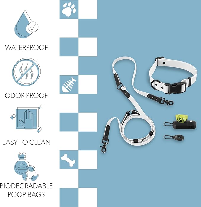 WLK1006F-5SET Luna Large 8FT Adjustable 6-in-1 Waterproof Hands-Free Leash and Collar with LED Flashlight, Bag Dispenser, and Poop Bag Holder, Seltzer