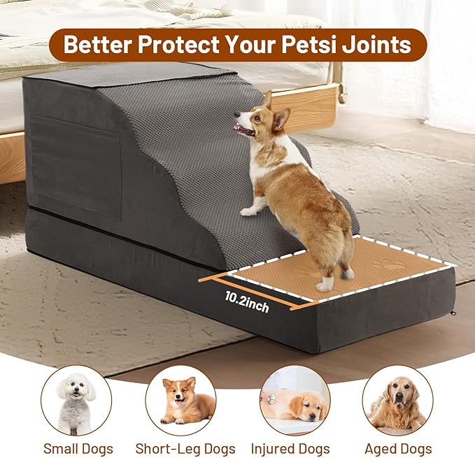 6-Step Dog Stairs – Non-Slip Pet Ramp for Bed, Couch & Car, Wide Steps for Puppies & Senior Dogs, Sturdy Grey 43.3"x19.7"