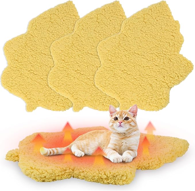 3 Pack Self Warming Cat Dog Bed Leaf Shape Self Heating Pet Mat Non Electric Washable Thermal Sleeping Pad Plush Heated Pet Mat for Crate Floor Indoor Outdoor(Light Yellow,Medium-18 x24)