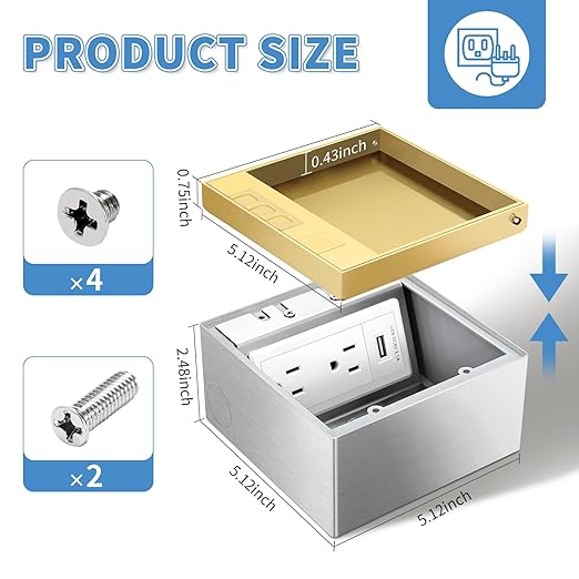 Vagueior Recessed Flat Hidden Floor Electrical Outlet Kit,Hidden Duplex 15A Tamper-Resistant Receptacle Outlet and 2.1A USB Port，Waterproof Electrical Outlet Covcer Box,Gold