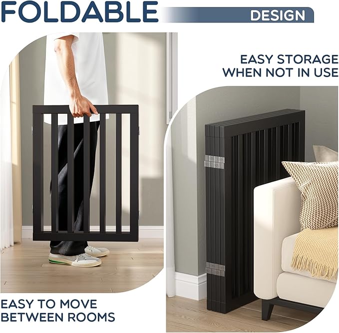 Homykic Bamboo Freestanding Dog Gate, No Assembly Pet Gate Indoor, 24”H x 75”W Extra Wide Foldable Puppy Barrier Fence with Support Feet for The House, Doorways Stairs, 4 Panels, No Drilling, Black