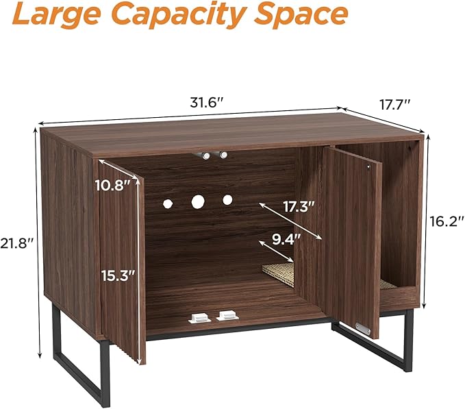 Cat Litter Box Enclosure, Fluted Hidden Litter Box Furniture with Scratch Pad and Metal Legs, Modern Enclosed Cat Cabinet, 31.5 x 17.7 x 21.7 Inches Indoor Pet House for Living Room, Washroom, Walnut