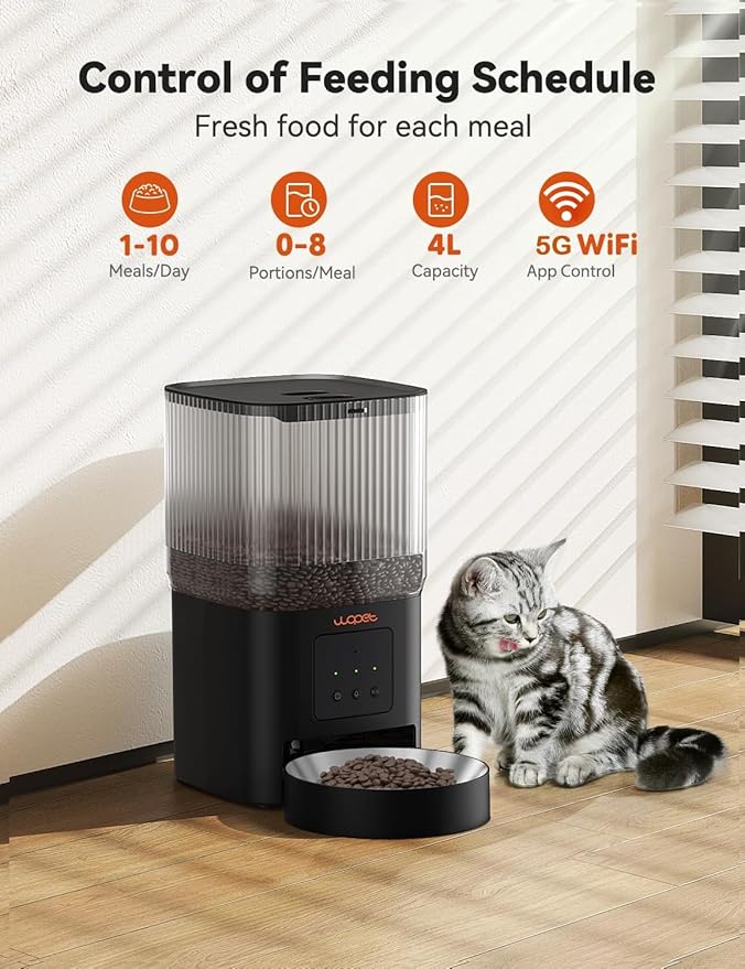 WOPET Automatic Cat Feeder, 5G WiFi Automatic Dog Feeder with APP Control for Remote Feeding, Cat Food Dispenser with Low Food Sensor and Voice Recorder,Up to 10 Meals Per Day for Cats and Dogs